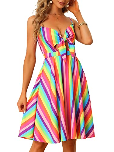 Allegra K Damen Sommer Sommerkleid V Ausschnitt Bindeknoten Front Swing Spaghetti Strap Kleider, Regenbogen, X-Groß von Allegra K