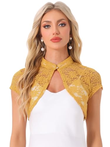 Allegra K Damen Sommer Spitze Bolero Strickjacke Kurzarm Hochzeit Leicht Elegante Festlich Jäckchen für Abendkleid Ingwer Gelb S von Allegra K