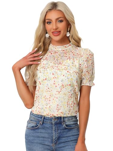 Allegra K Damen Sommer Spitze Tops Rüschenkragen Kurzarm Sheer Stickerei Spitze Blusen Shirts, Apricot Pink, Groß von Allegra K