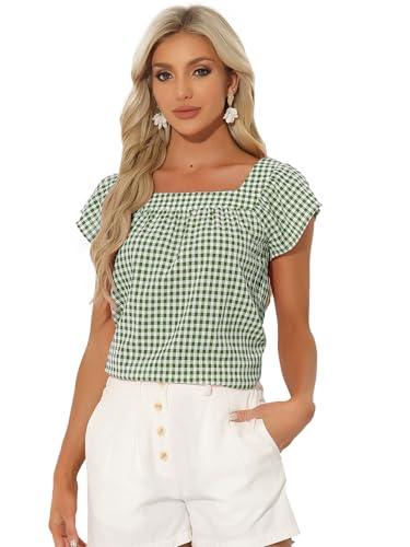 Allegra K Damen Sommer Kariert Hemd mit Karo Quadratischem Ausschnitt Ärmellose Blusen Oberteil Grün Weiß S von Allegra K