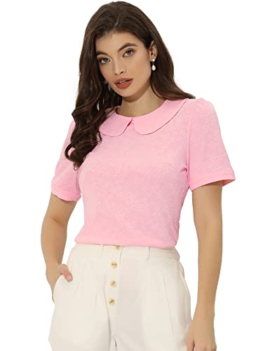 Allegra K Damen Sommerbluse Bubikragen Oberteil Floral Puff Kurzarm Kawaii Elegant Shirt Rosa L von Allegra K