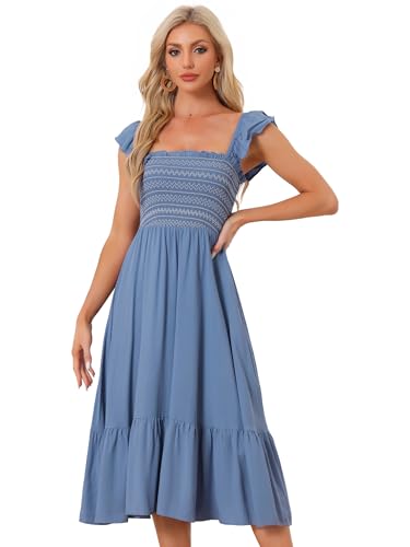 Allegra K Damen Sommerkleid Ärmellos Eckiger Ausschnitt Gesmokt Boho Rüschen Gestuft Midikleid Grau Blau M von Allegra K