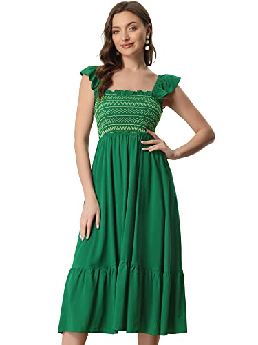 Allegra K Damen Sommerkleid Ärmellos Eckiger Ausschnitt Gesmokt Boho Rüschen Gestuft Midikleid Grün M von Allegra K