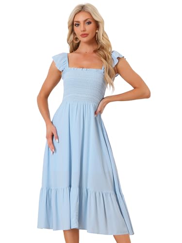 Allegra K Damen Sommerkleid Ärmellos Eckiger Ausschnitt Gesmokt Boho Rüschen Gestuft Midikleid Hell Blau L von Allegra K