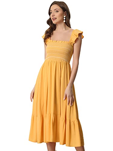 Allegra K Damen Sommerkleid Ärmellos Eckiger Ausschnitt Gesmokt Boho Rüschen Gestuft Midikleid Orange L von Allegra K