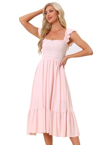 Allegra K Damen Sommerkleid Ärmellos Eckiger Ausschnitt Gesmokt Boho Rüschen Gestuft Midikleid Rosa M von Allegra K