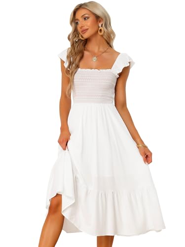 Allegra K Damen Sommerkleid Ärmellos Eckiger Ausschnitt Gesmokt Boho Rüschen Gestuft Midikleid Weiß S von Allegra K