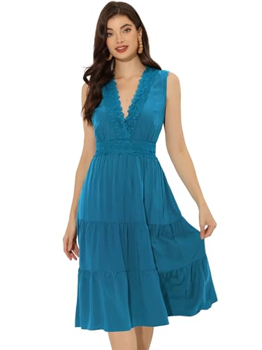 Allegra K Damen Sommerkleid Ärmellos V-Ausschnitt Spitzeneinsatz Lässiges Midi Kleid Eisblau L von Allegra K