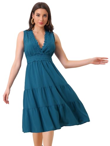 Allegra K Damen Sommerkleid Ärmellos V-Ausschnitt Spitzeneinsatz Lässiges Midi Kleid Eisblau M von Allegra K