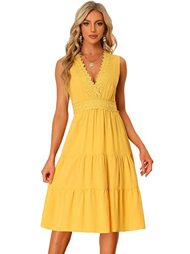 Allegra K Damen Sommerkleid Ärmellos V-Ausschnitt Spitzeneinsatz Lässiges Midi Kleid Gelb L von Allegra K