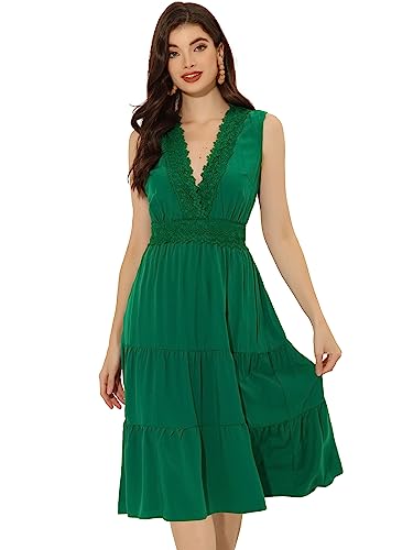 Allegra K Damen Sommerkleid Ärmellos V-Ausschnitt Spitzeneinsatz Lässiges Midi Kleid Grün S von Allegra K