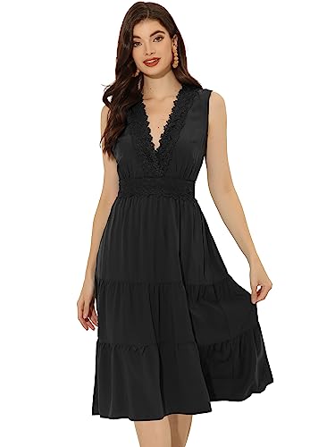 Allegra K Damen Sommerkleid Ärmellos V-Ausschnitt Spitzeneinsatz Lässiges Midi Kleid Schwarz M von Allegra K