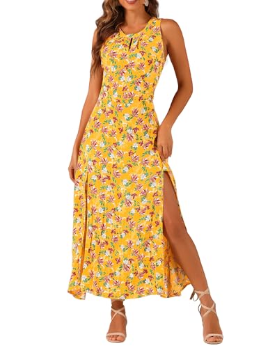 Allegra K Damen Sommerkleid Ärmelloses Blumen Schlüsselloch A-Line Sommer Boho Maxi Kleider Gelb XL von Allegra K