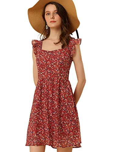 Allegra K Damen Sommerkleid Blumen Rüschenärmeln Quadratischem Ausschnitt Chiffon Minikleid Kleid rot XS von Allegra K
