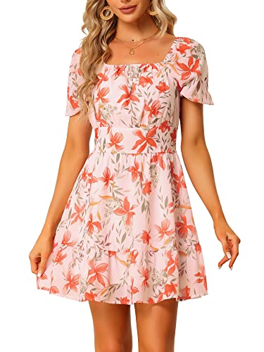 Allegra K Damen Sommerkleid Blumendruck Quadratischem Ausschnitt Gesmokter Taille Kleid Rosa L von Allegra K
