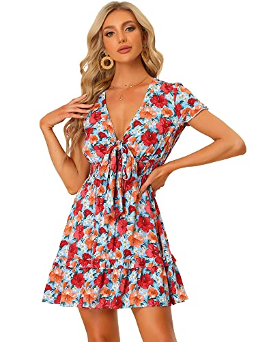 Allegra K Damen Sommerkleid Kurzarm V-Ausschnitt Schleife Schößchen Blumen Minikleid Kleid Freizeit Hellblau XL von Allegra K