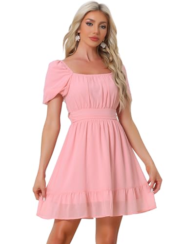 Allegra K Damen Sommerkleid Quadratischer Ausschnitt Puffärmel Rüschen A-Lined Casual Minikleid Rosa L von Allegra K