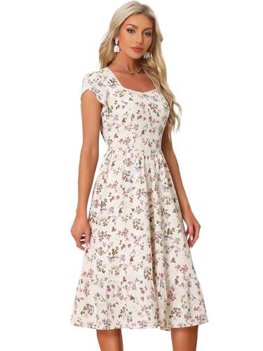 Allegra K Damen Sommerkleid V-Ausschnitt Kurzärm Boho A-Linie Rüschen Hohe Taille Blumen Elegant Midi-Kleider Blumenrosa Lila L von Allegra K