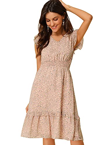 Allegra K Damen Sommerkleid Volant Ärmel V-Ausschnitt Rüschen Taille Kleid Rosa L von Allegra K