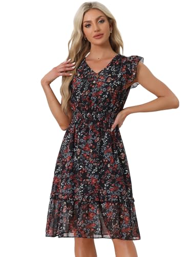 Allegra K Damen Sommerkleid Volant Ärmel V-Ausschnitt Rüschen Taille Kleid Schwarz Rot M von Allegra K