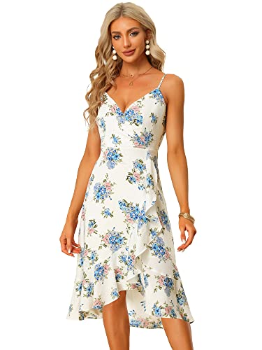 Allegra K Damen Sommerkleid mit Blumenmuster für mit V-Ausschnitt, ärmellose Rüschenkleider Weiß L von Allegra K