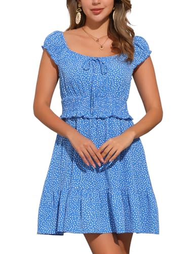 Allegra K Damen Sommerkleid vorne Gebunden Rüschen Blumen Kurzärm Bedruckt Boho Minikleid Blau M von Allegra K