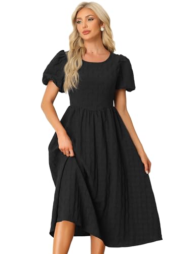 Allegra K Damen Sommerkleider Puffärmeln Rundhals Solid Strukturierte Passform Kleid Schwarz XL von Allegra K