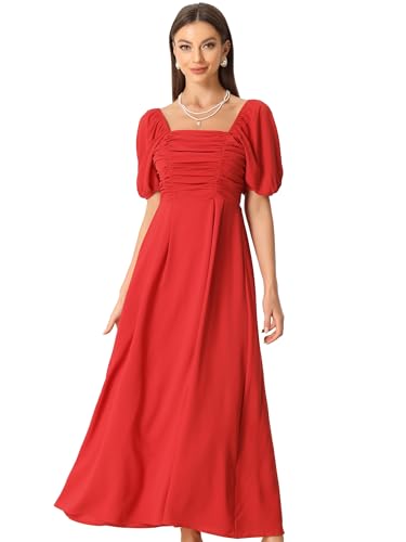 Allegra K Damen Sommerkleider Quadratischer Ausschnitt Rüschen Elegant A-line Freizeit Maxikleid Rot S von Allegra K