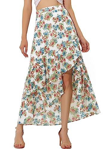 Allegra K Damen Sommerrock Hohe Taille Chiffonrock Blumen Rüschensaum Rock Weiß M von Allegra K