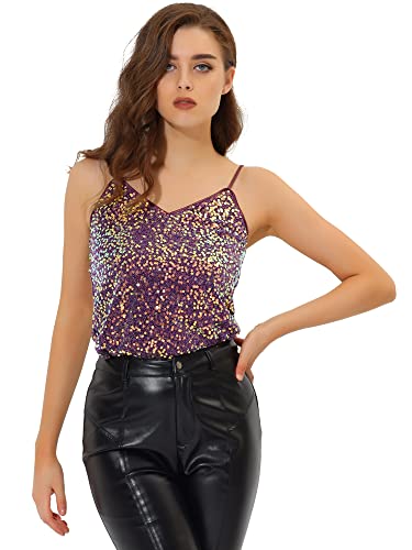 Allegra K Damen Festliches Oberteil Glitzer Top Spaghetti Party Club Camisole Pailletten Shirt Violett L von Allegra K