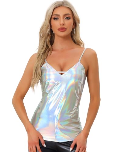 Allegra K Damen Spaghetti Straps V Neck Cut Out Metallic Camisole Top Holografisches Silber M von Allegra K