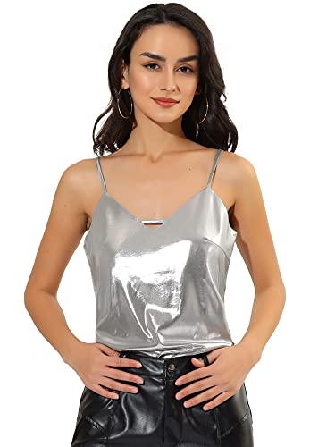 Allegra K Damen Spaghetti Straps V Neck Cut Out Metallic Camisole Top Silber L von Allegra K