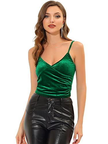 Allegra K Damen Spaghetti Tank Top Samt Velvet Ärmellos Tief V-Ausschnitt Party Bluse Dunkelgrün XL von Allegra K