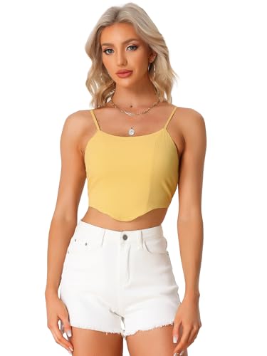 Allegra K Damen Spaghettiträger Oberteile, Bauchfrei Party Mit Asymmetrischem Saum Sexy Crop Top Camisole Gelb XL von Allegra K