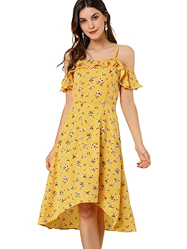 Allegra K Damen Spaghettiträger Rüschen Ärmel Asymmetrisch Hoch Niedrig Floral A-Linie Midi Kleid, gelb, X-Groß von Allegra K