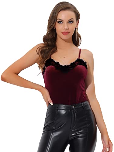 Allegra K Damen Spaghettiträger Samt Camisole Party Tops mit Spitze Dunkel Rot S von Allegra K