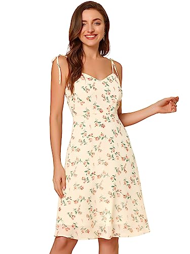 Allegra K Sommerkleid für Damen, Blumenmuster, Sommer, 2024, mit Schnürung an der Schulter, gesmokt, Spaghettiträger, Beige, Mittel von Allegra K