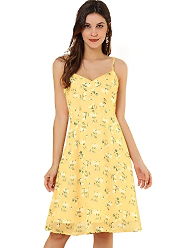 Allegra K Sommerkleid für Damen, Blumenmuster, Sommer, 2024, mit Schnürung an der Schulter, gesmokt, Spaghettiträger, gelb, Mittel von Allegra K