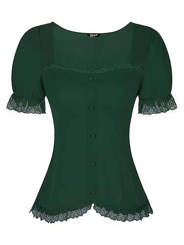 Allegra K Damen Spitze Bluse Kurzarm Herzförmiger Ausschnitt Rüschen Puffärmel Elegant Gothic Top Dunkelgrün XL von Allegra K