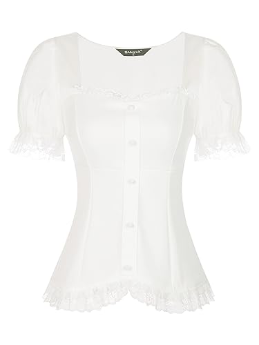 Allegra K Damen Spitze Bluse Kurzarm Herzförmiger Ausschnitt Rüschen Puffärmel Elegant Gothic Top Weiß S von Allegra K