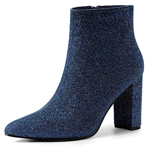 Allegra K Glitzernde Damen-Stiefeletten mit spitzer Zehenpartie und klobigem Absatz Navy Blau 36 von Allegra K