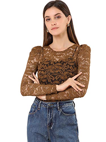 Allegra K Damen Spitze Semi Sheer Oberteil Langarm Stickerei Blumen Durchsichtig Bluse Shirt Braun S von Allegra K