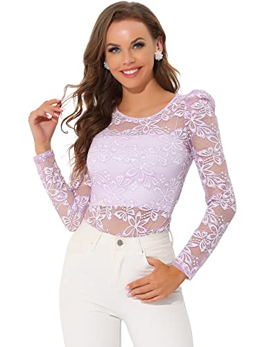 Allegra K Damen Spitze Semi Sheer Oberteil Langarm Stickerei Blumen Durchsichtig Bluse Shirt Hell Lila XS von Allegra K