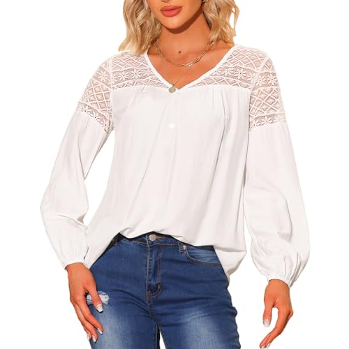 Allegra K Damen Spitze Panel Bluse mit V-Ausschnitt Langarm Bluse Weiß M von Allegra K