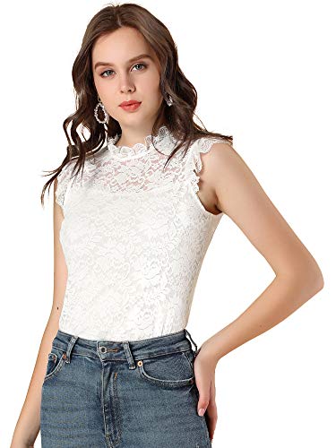 Allegra K Damen Spitze Rüschen Semi Sheer Ärmellos Bluse Top - Weiß - Klein von Allegra K