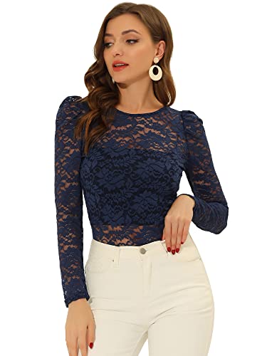 Allegra K Damen Spitze Semi Sheer Oberteil Langarm Stickerei Blumen Durchsichtig Bluse Shirt Dunkelblau XL von Allegra K