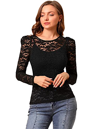 Allegra K Damen Spitze Semi Sheer Oberteil Langarm Stickerei Blumen Durchsichtig Bluse Shirt Schwarz S von Allegra K