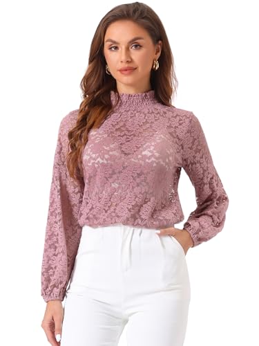 Allegra K Damen Spitze Spitzenbluse Langarm Stehkragen Rüschen Blumen Top Bluse Dunkel Rosa S von Allegra K