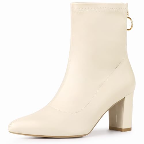 Allegra K Damen Spitze Zehe Rücken Reißverschluss Blockabsatz Stiefeletten, Beige, 38 EU von Allegra K