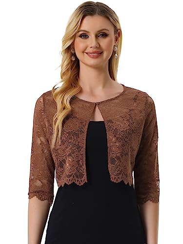 Allegra K Damen Bolero Festlich 3/4 Ärmel Durchsichtig Blumen Spitze Shrug Crop Cardigan Spitzebolero Braun L von Allegra K